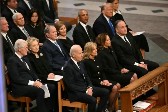 Handshakes, smiles and stares as five US presidents meet at Carter's funeral