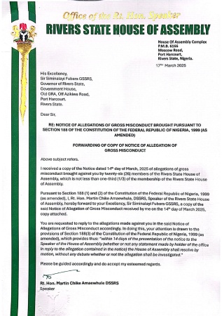 FULL TEXT: Rivers Assembly?s accusation against Fubara, Deputy