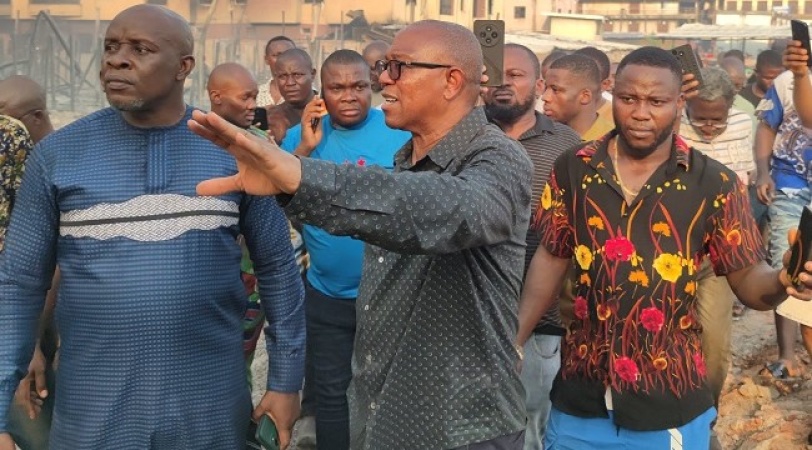 Peter Obi visits Onitsha market fire, seeks support for victims