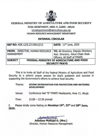 Food security: Federal Ministry of Agriculture holds pray session for divine intervention