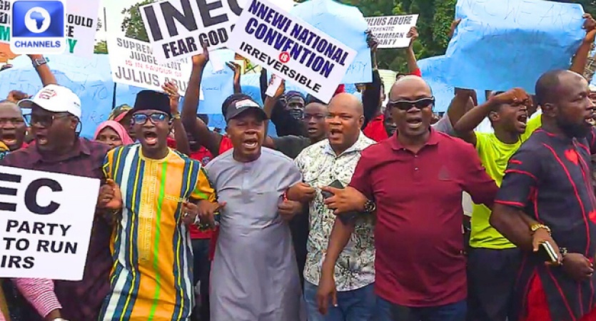 Bye-Elections: Abure-led LP group protests at INEC HQ over omission of candidates