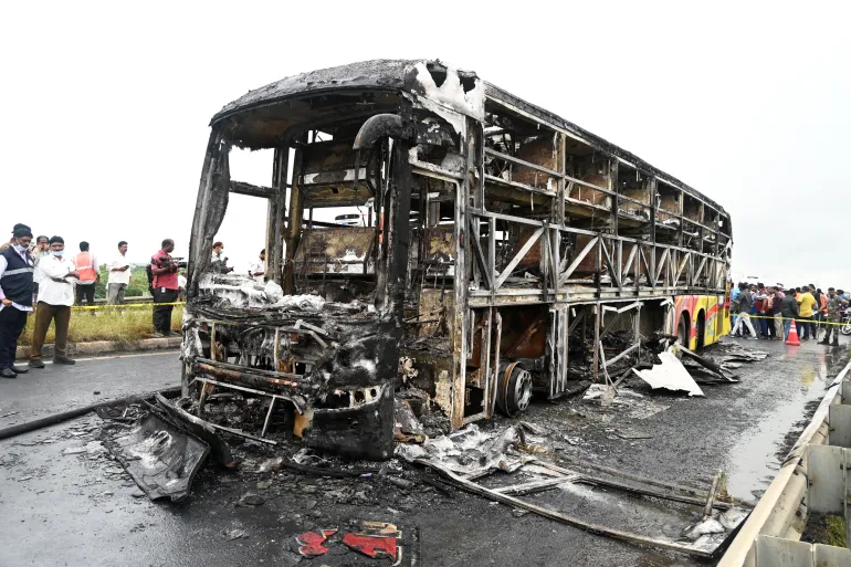 At least 25 killed in India after bus catches fire in crash with motorcycle