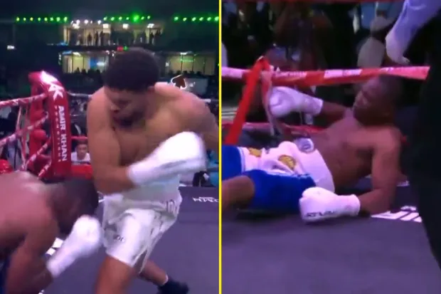 Anthony Joshua?s 6ft 8in prospect drops opponent three times in blistering first-round KO