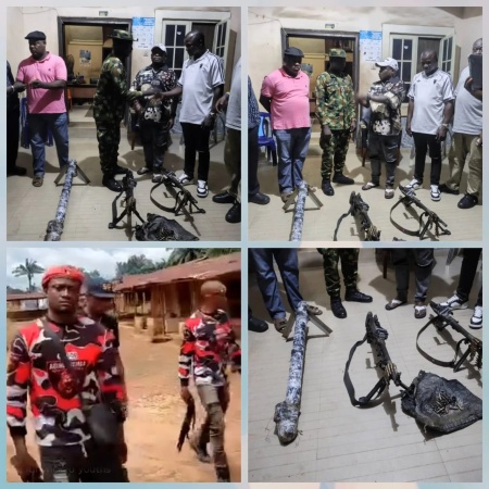 Agunechemba hands over two military grade GP rifles, rocket launcher recovered from armed criminals to army