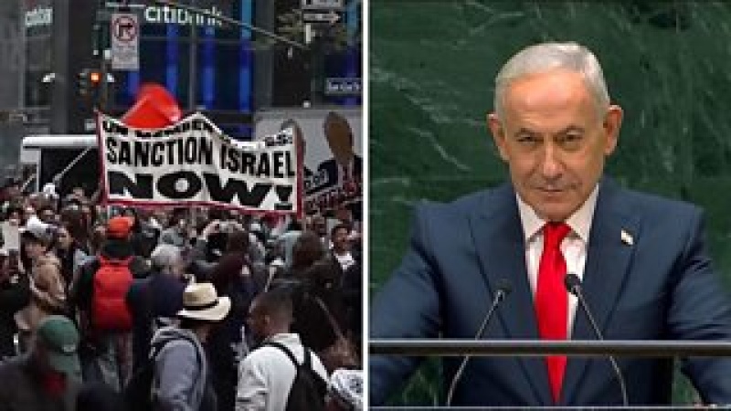 Netanyahu defends Israeli military action as delegates walk out before UN speech