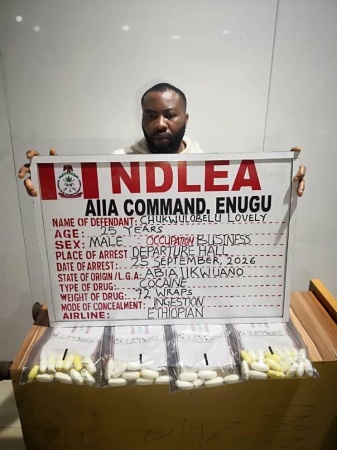 NDLEA arrests Europe-bound newlywed with 72 wraps of cocaine at Enugu Airport