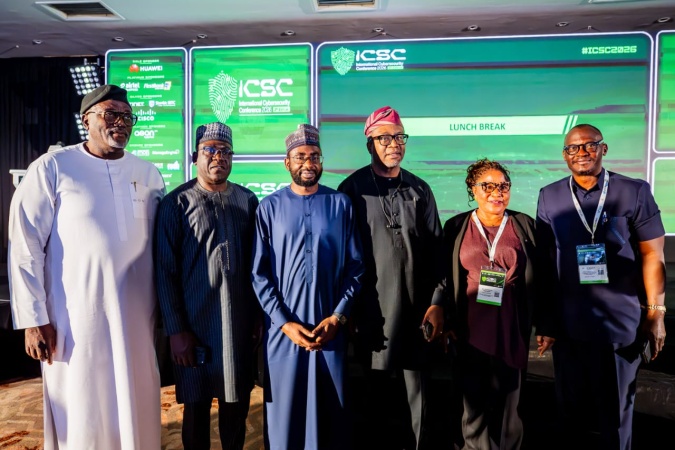 •PHOTO: Director General NITDA Kashifu Inuwa CCIE flanked by House Committee Chair on Cybersecurity & ICT Hon Adedeji Stanley Olajide and other guests at the ICSC 2026.