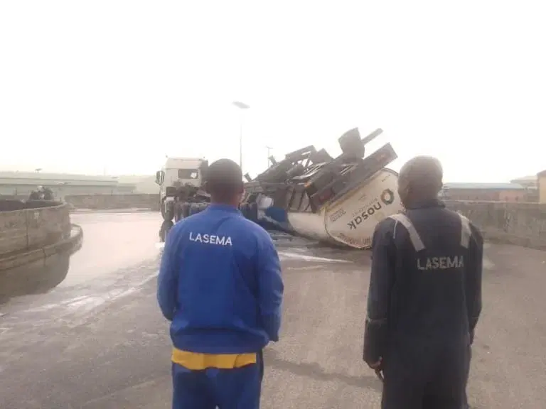 Tragedy averted as 33,000-litre ethanol truck falls off Lagos bridge